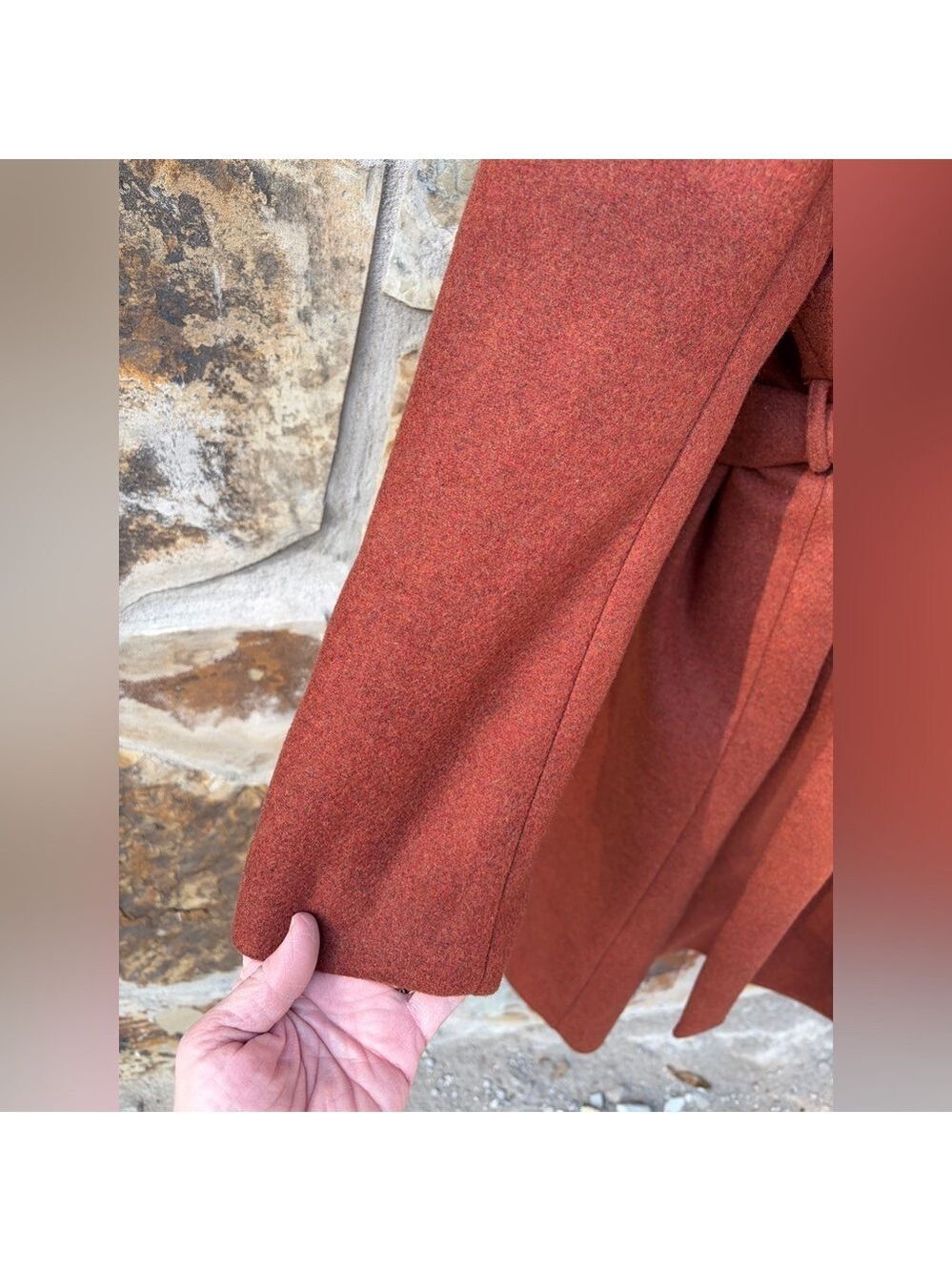 Zara Manteco Wool Penny Lane Faux Fur Collar Trench Wrap Coat Size 16 Rust - Picture 5 of 12